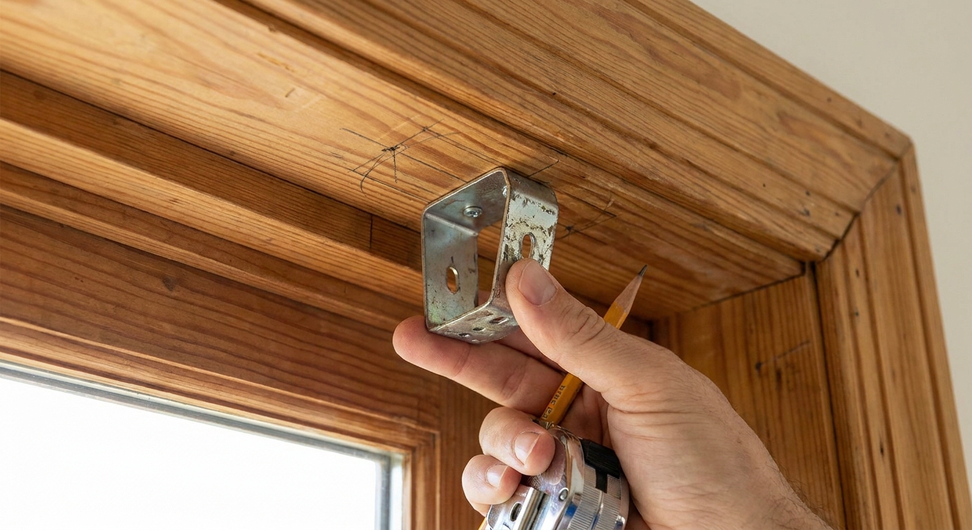 A close-up of a cellular shade mounting bracket held inside the top of a window frame with pencil marks on the wood