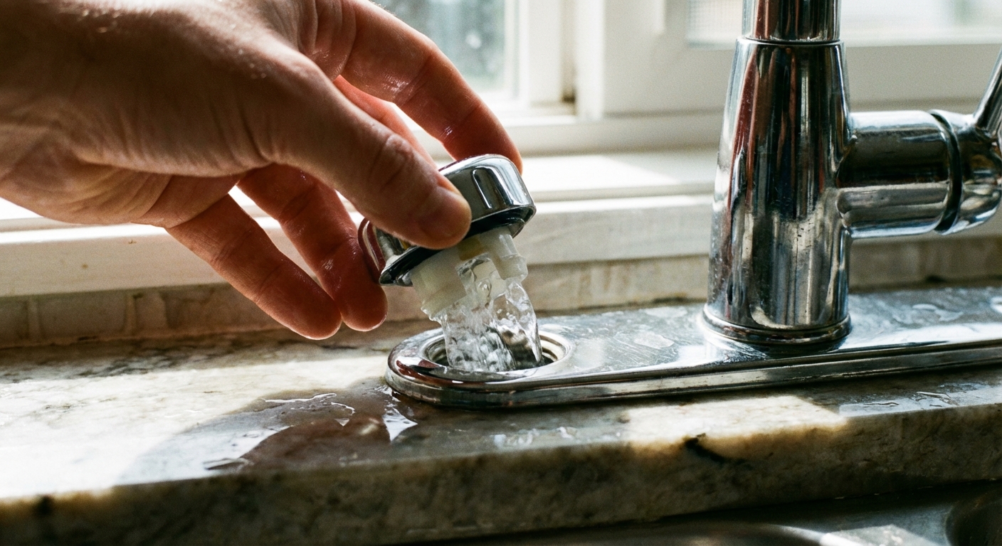 A close-up of a chrome dishwasher air gap cap on a kitchen sink deck next to the faucet, with a hand lifting the cap off, natural kitchen light, photorealistic