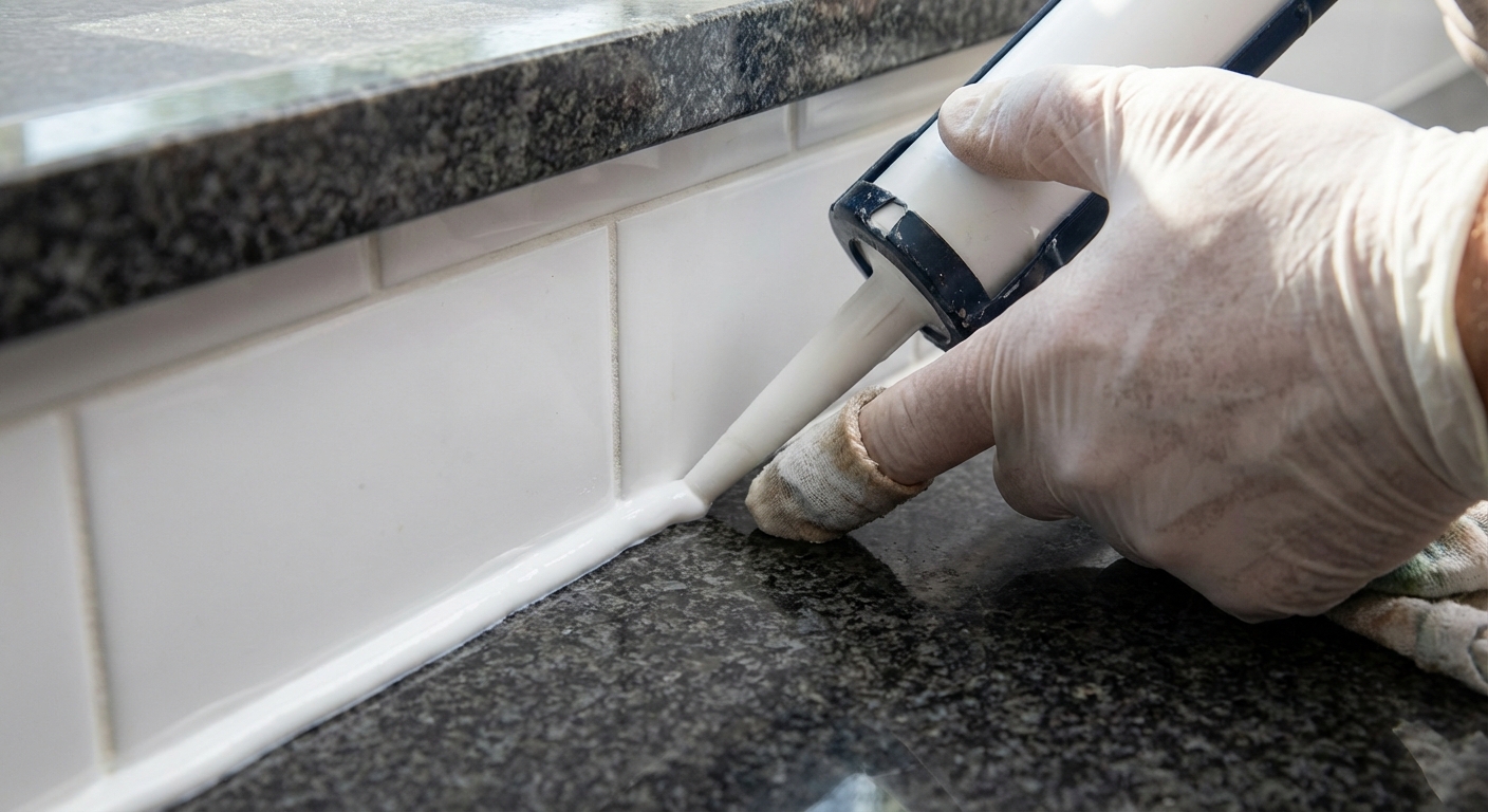A close-up of a hand applying a smooth bead of caulk along the edge where a countertop meets a backsplash