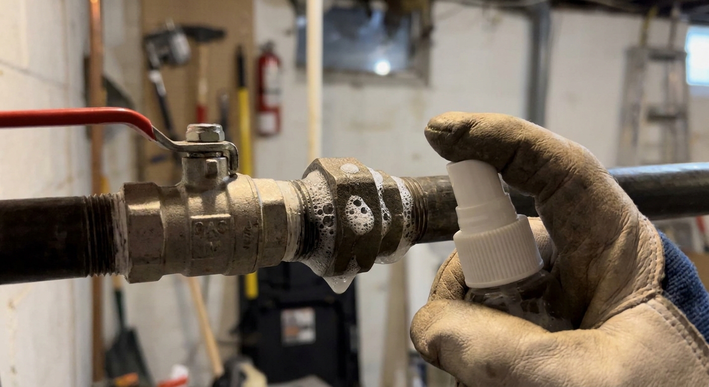 A close-up of a hand applying soapy water to a gas pipe fitting near a shutoff valve, with small bubbles forming, realistic home repair photograph