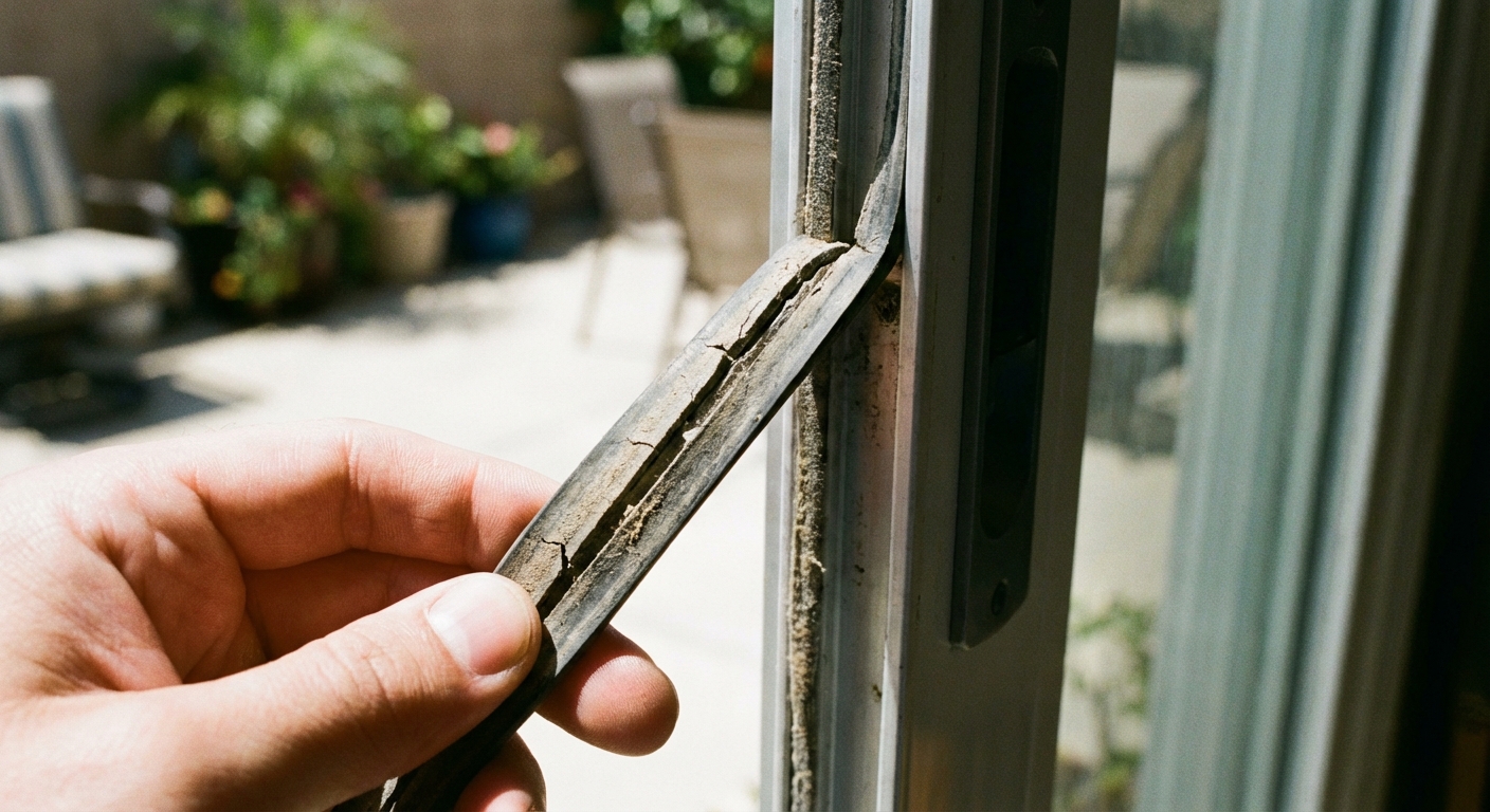 A close-up of a hand peeling off worn weatherstripping from the edge of a sliding glass door, with the door frame and outdoor patio softly blurred in the background