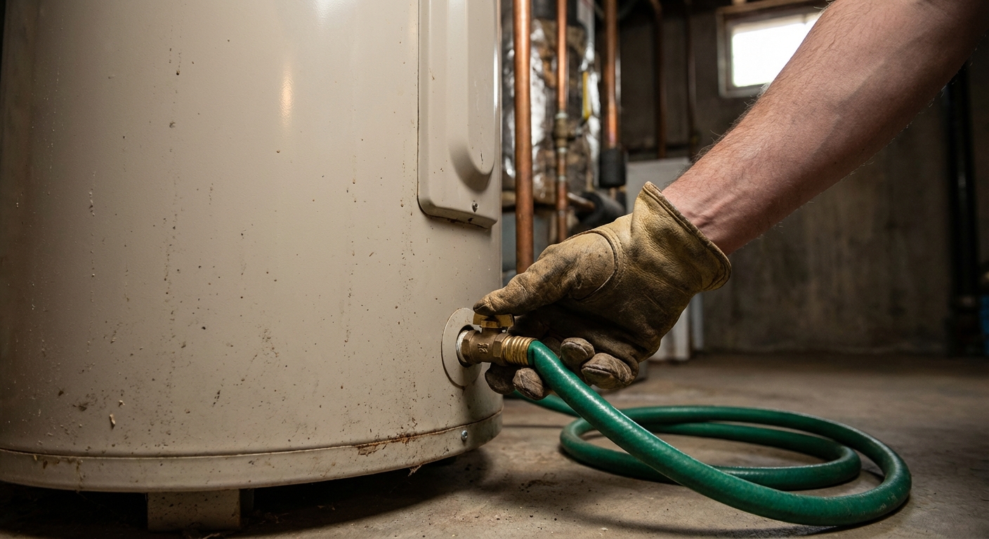 A close-up of a homeowner's gloved hand turning the drain valve on a tank water heater with a hose attached, indoor utility room setting, photorealistic