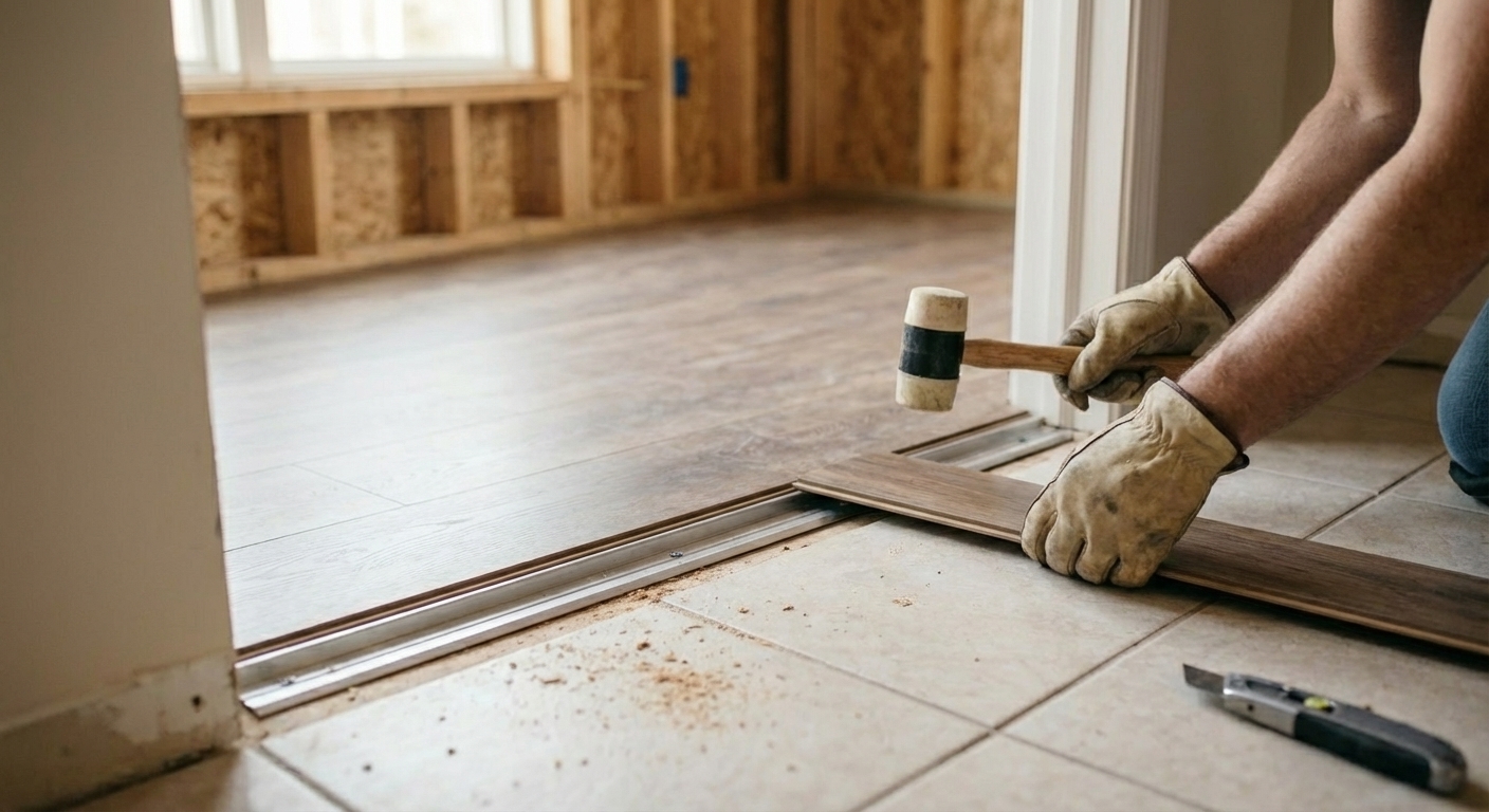 A close-up of a laminate floor meeting a tile floor at a doorway with a metal transition track installed and a matching reducer strip aligned, realistic interior photo