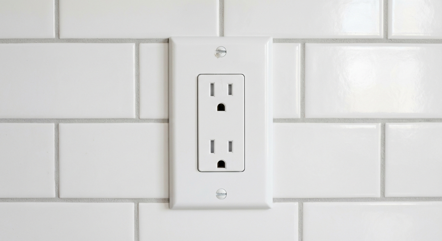 A close-up of a new white outlet and clean wall plate installed on a kitchen backsplash