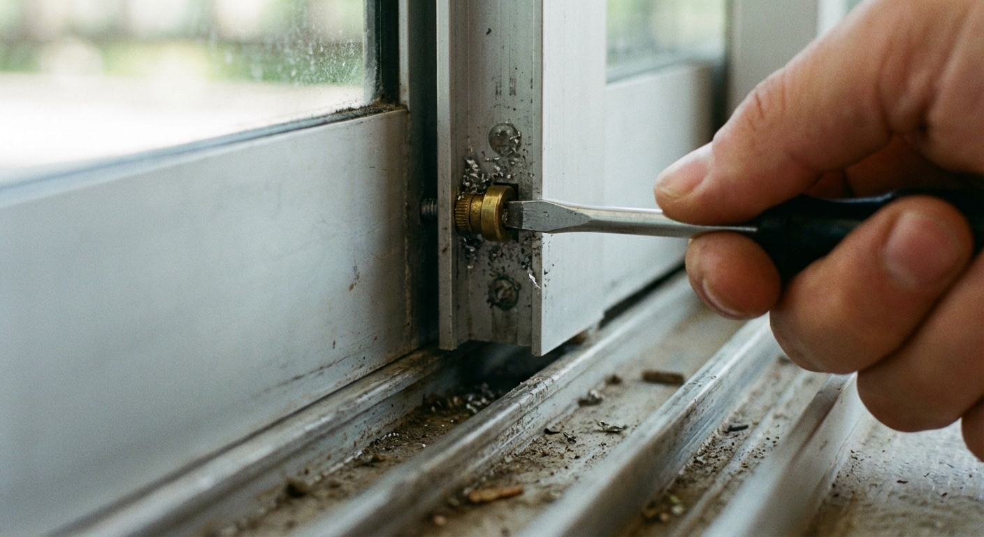 A close-up of a screwdriver turning the roller adjustment screw at the bottom edge of a sliding glass door panel, with the track visible below