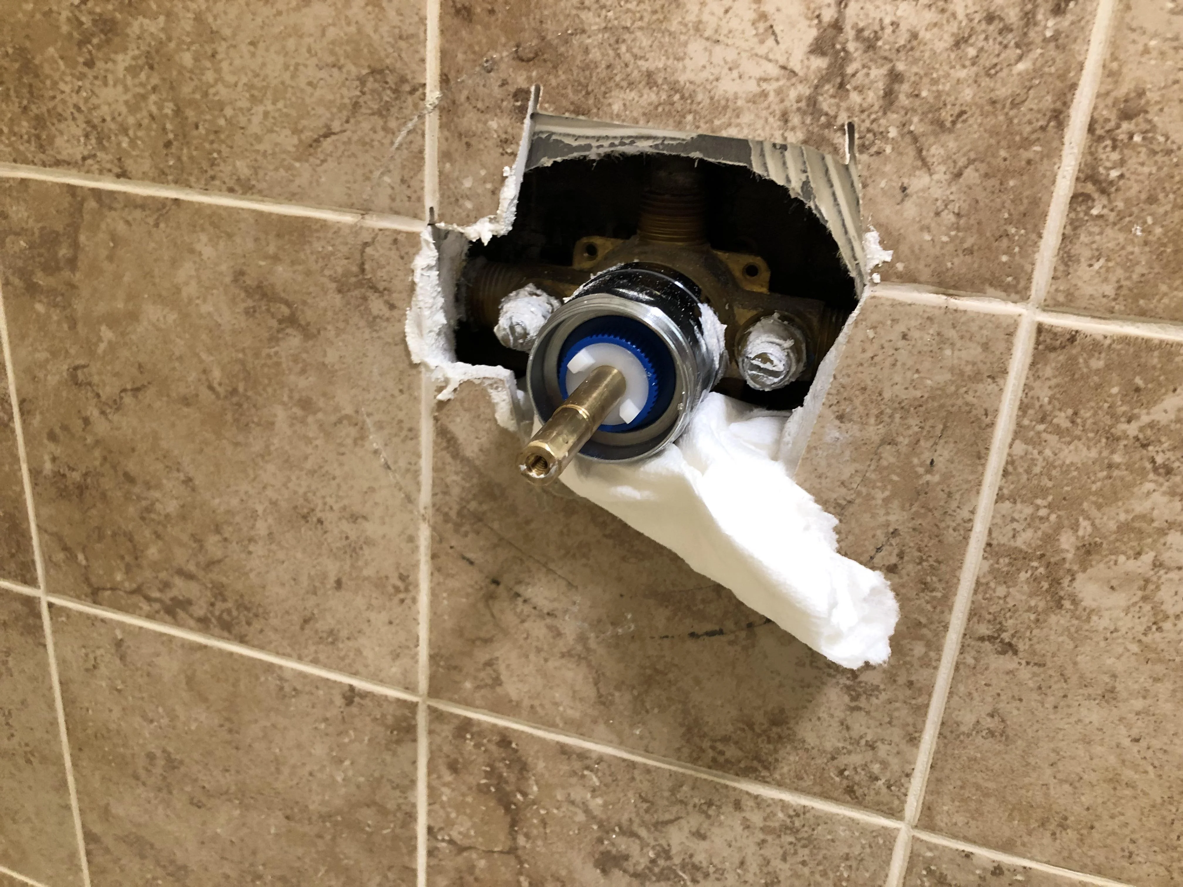 A close-up of a shower mixing valve body with two small stop screws visible on the left and right sides after the trim plate is removed