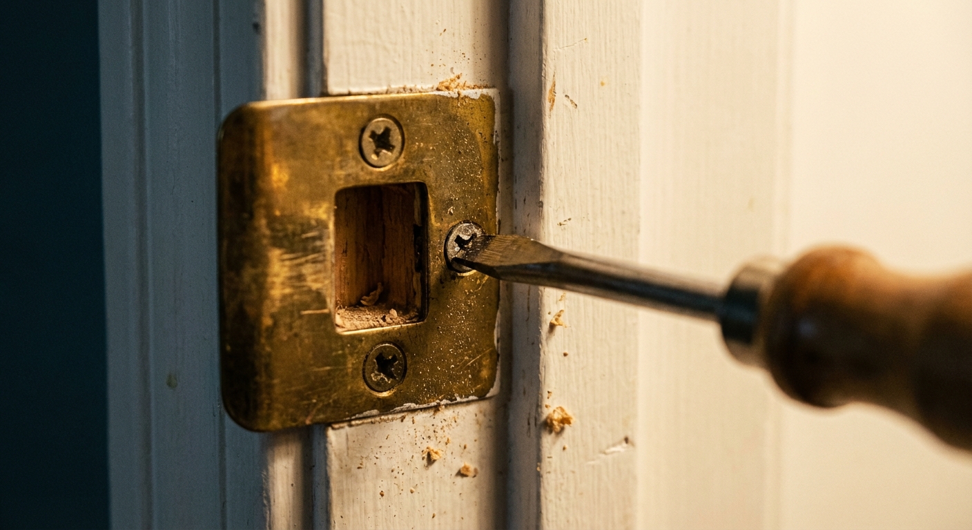 A close-up of a sliding patio door strike plate on the jamb with a screwdriver loosening the screws, indoor lighting and shallow depth of field