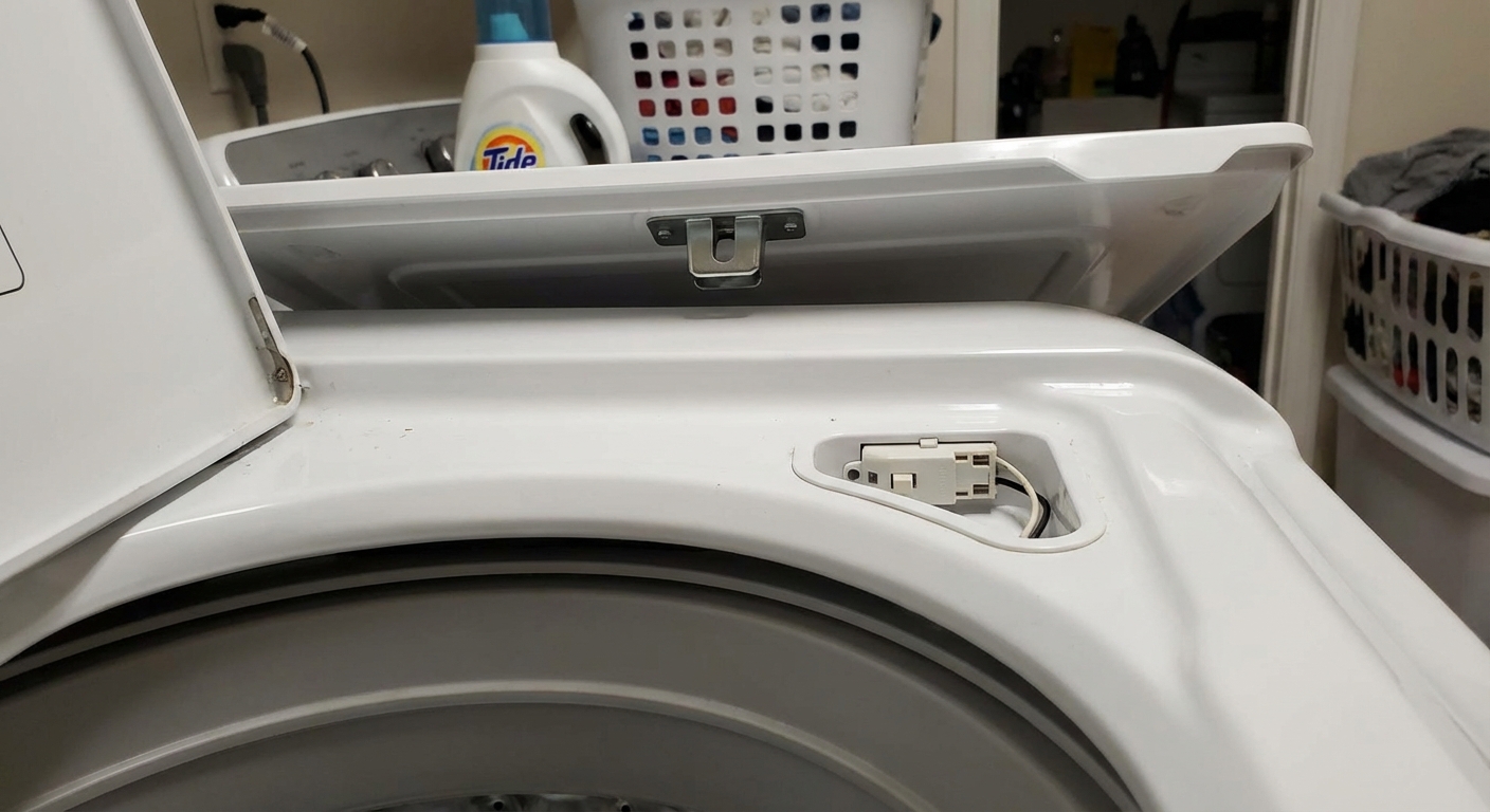 A close-up of a top-load washing machine lid area showing the lid strike and switch location along the rim, indoor laundry room, photorealistic