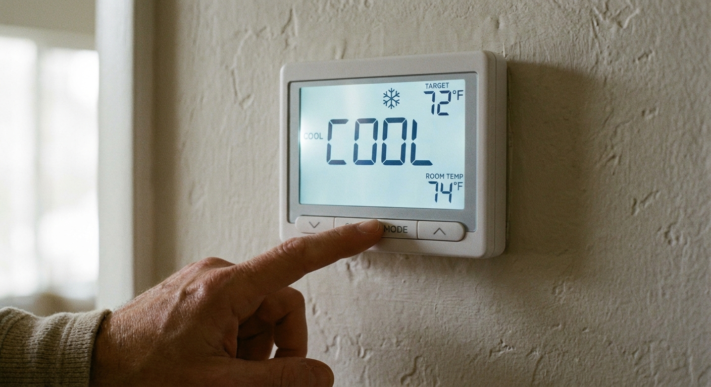 A close-up of a wall thermostat display set to COOL with a hand pressing the mode button, softly lit indoor photo