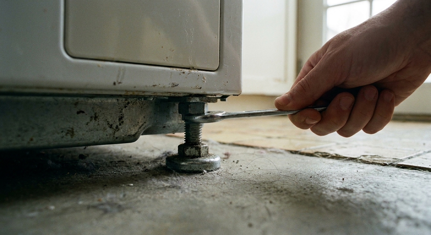 A close-up of a washing machine front leveling foot being adjusted with a wrench near a laundry room floor