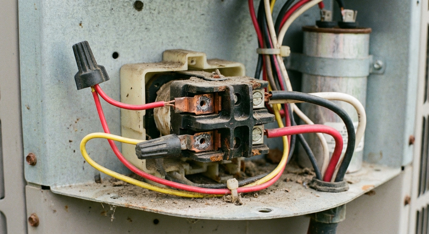 A close-up of an AC condenser contactor inside the electrical compartment with visible copper contacts and low-voltage wires, realistic photo