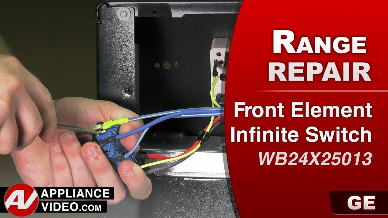 A close-up of an electric stove control panel opened to show an infinite switch with several spade connectors attached, real photo