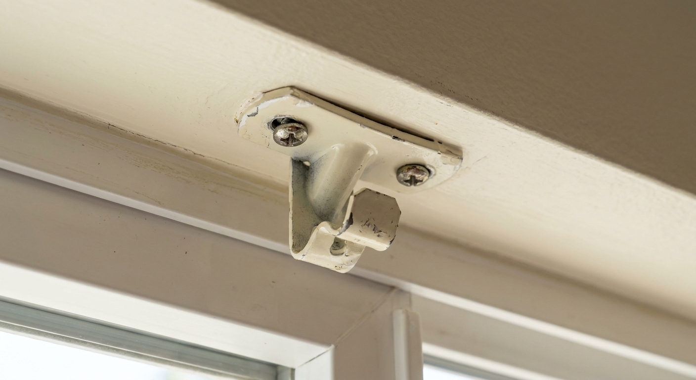 A close-up of an outside-mount cellular shade bracket screwed into painted wall above a window opening