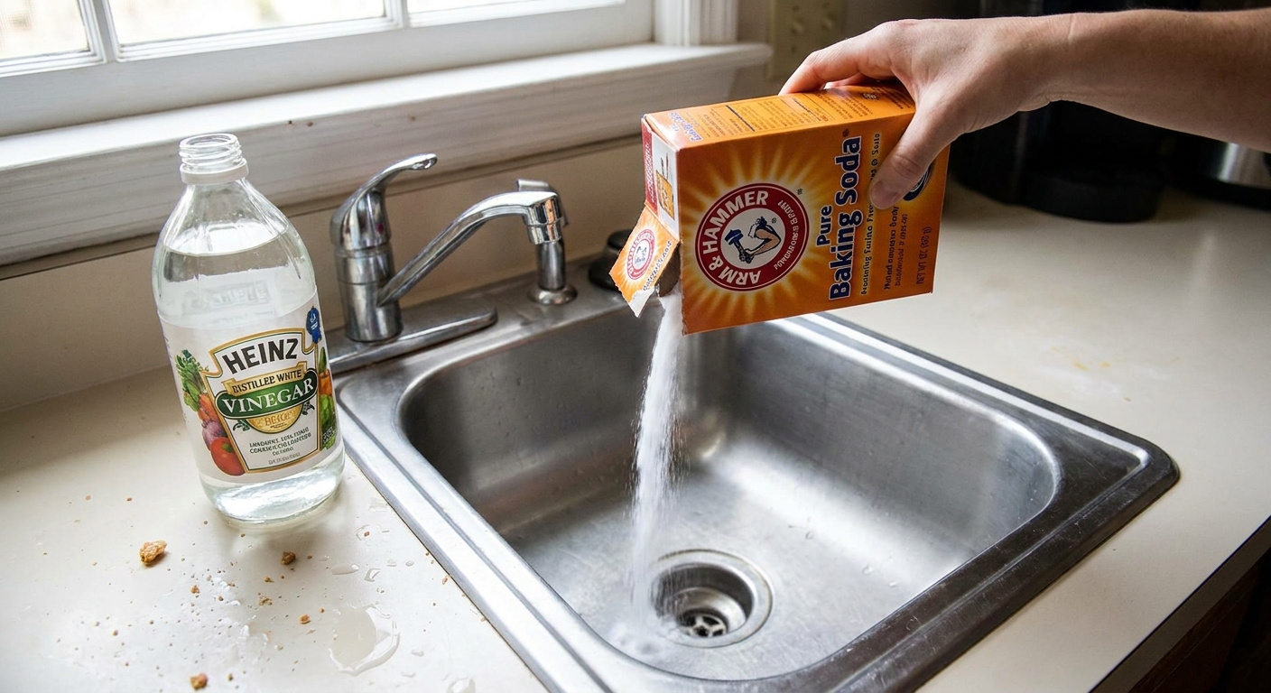A close-up of baking soda being poured toward a kitchen sink drain with a bottle of white vinegar nearby, real kitchen photo