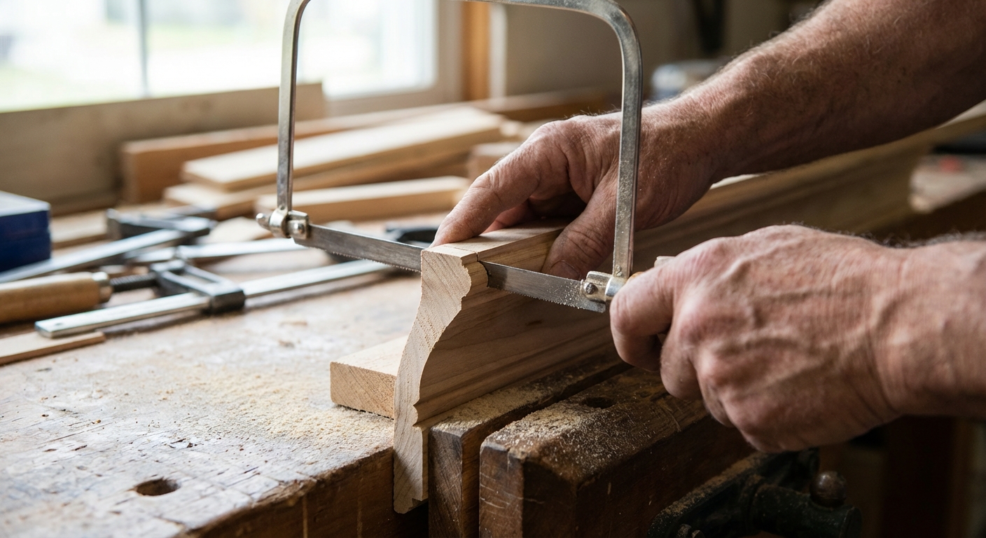 A close-up of hands using a coping saw to follow the profile of a crown molding end cut, with the molding clamped to a workbench, sawdust visible, shallow depth of field, photorealistic