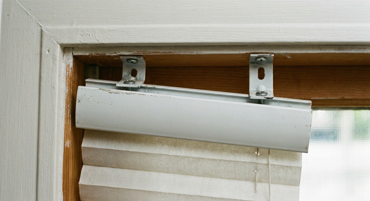 A close-up of the top rail of a cordless cellular shade snapped into two brackets inside a window frame