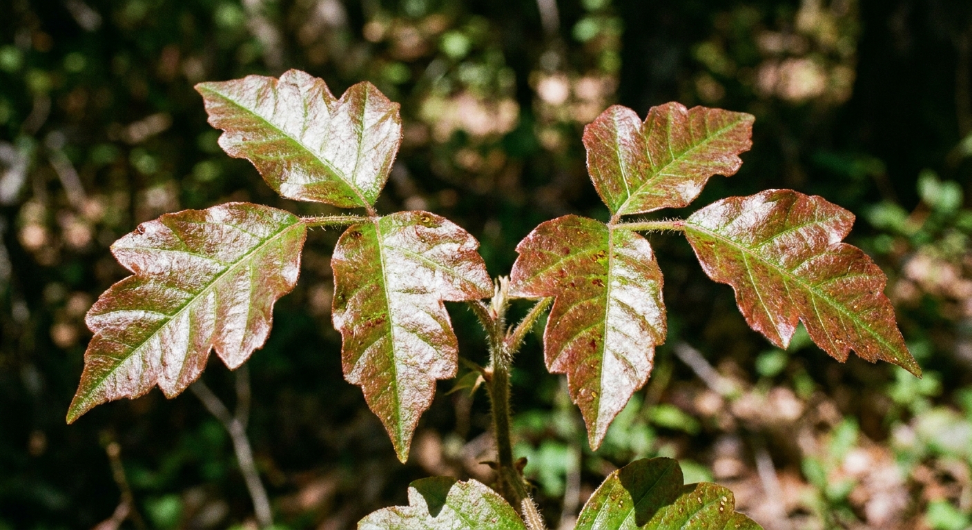 A close-up outdoor photograph of poison oak leaves showing three lobed leaflets on a stem in natural sunlight
