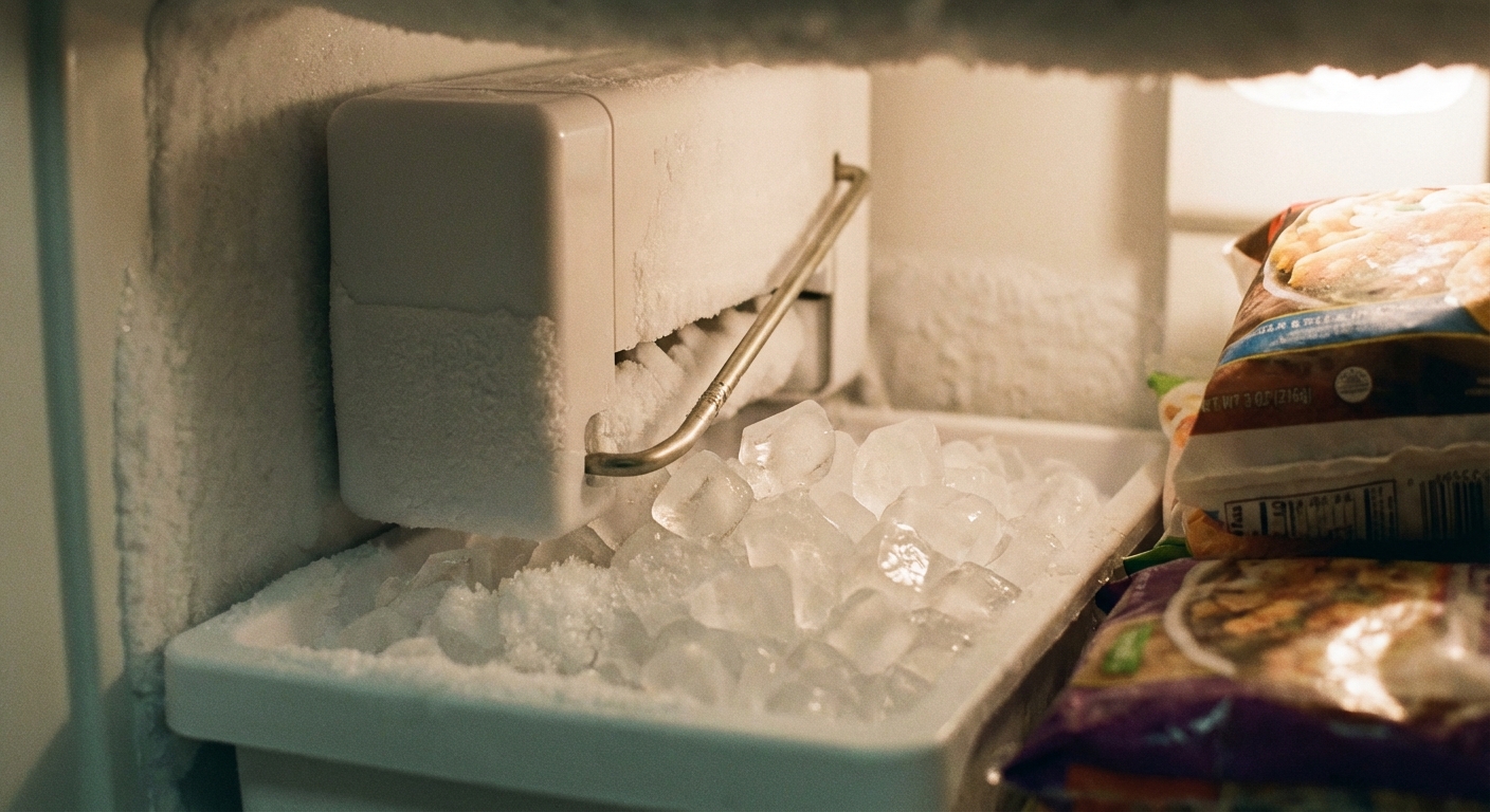 A close-up photo inside a freezer showing an ice maker with the metal shutoff arm and a few ice cubes in the bin, soft indoor lighting