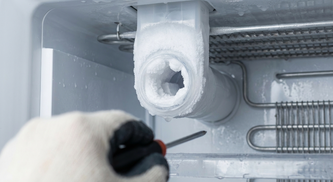 A close-up photo inside a freezer showing an ice maker fill tube with visible frost buildup around the tube opening, realistic appliance repair scene