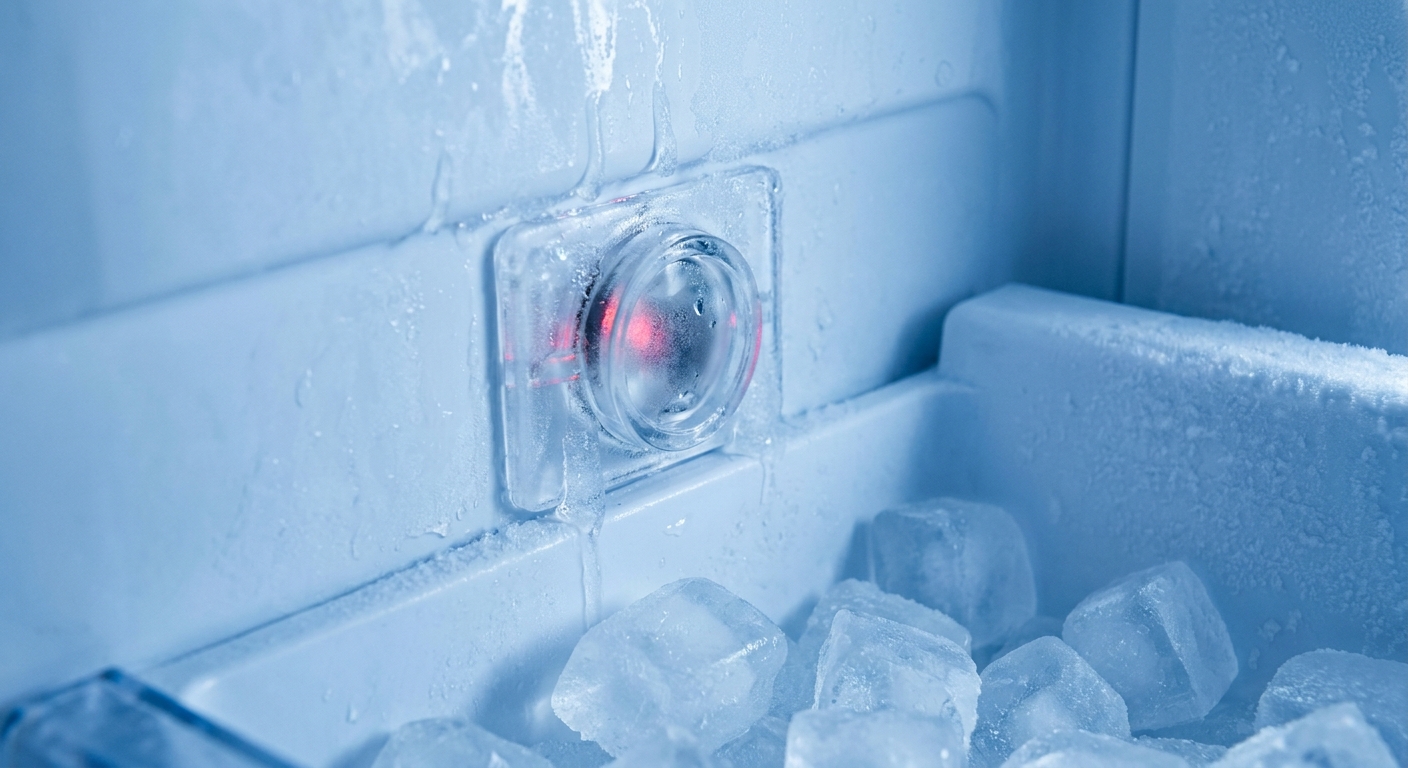 A close-up photo inside a freezer showing the small plastic optical sensor window near the ice bin area
