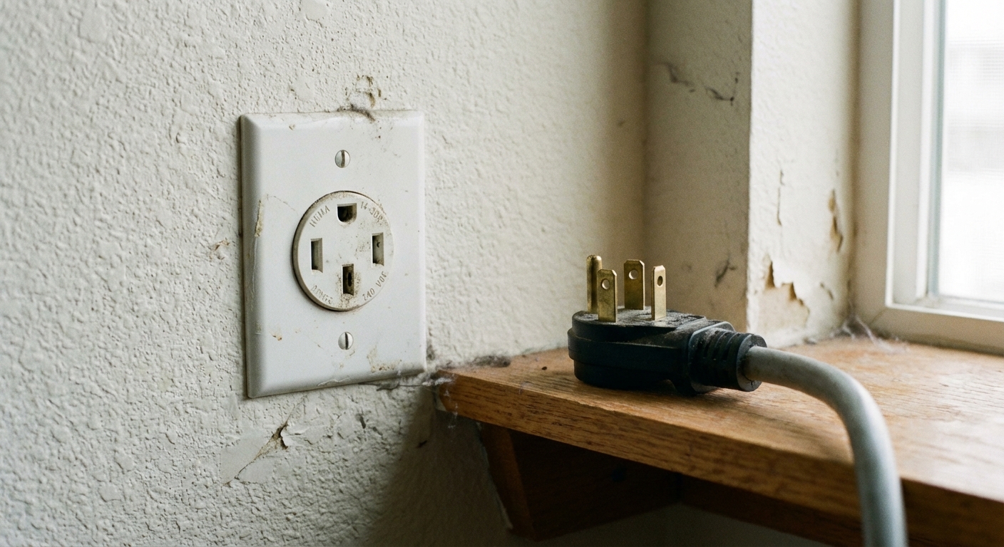 A close-up photo of a 240-volt dryer outlet on a laundry room wall with a dryer cord plug nearby, realistic home setting, photorealistic