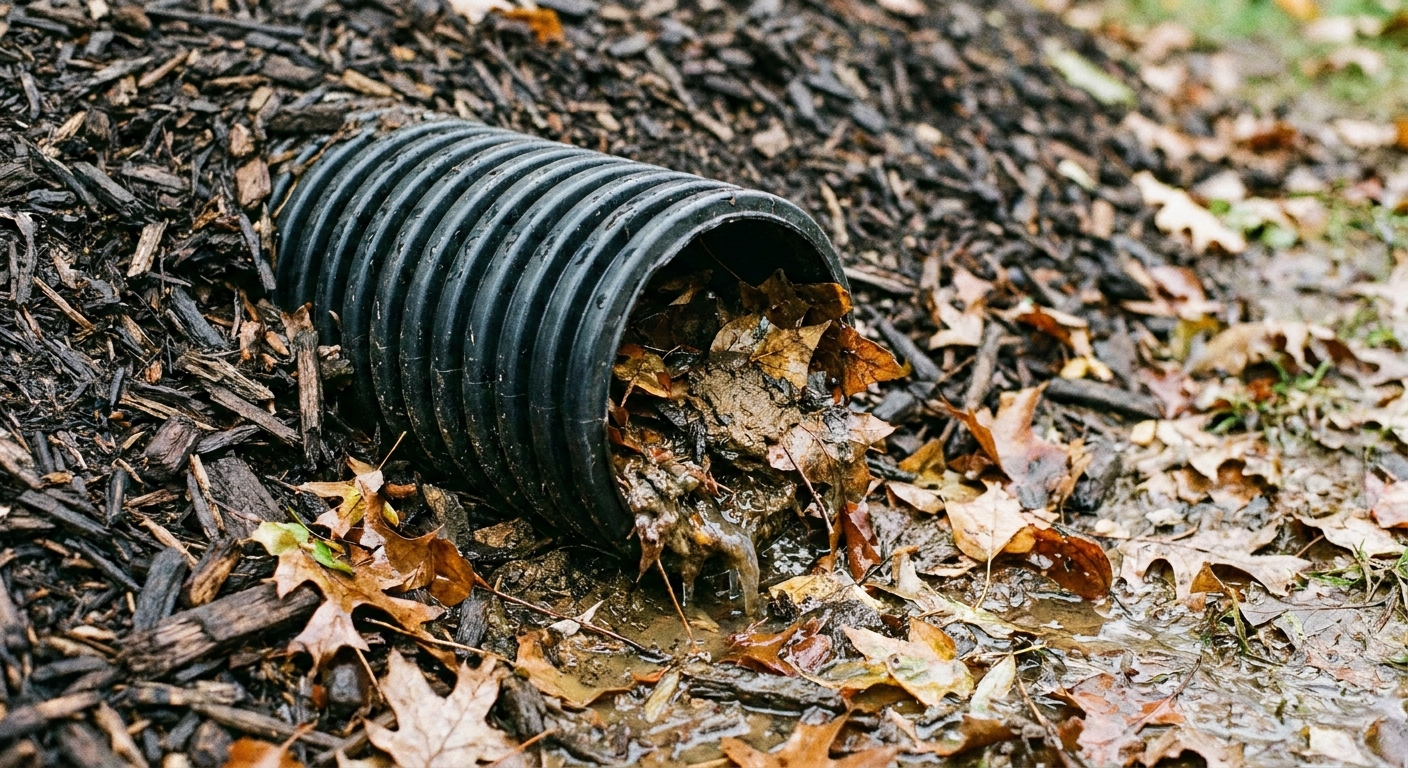 A close-up photo of a French drain outlet pipe at the edge of a mulch bed, partially buried with wet leaves and sediment packed around the opening