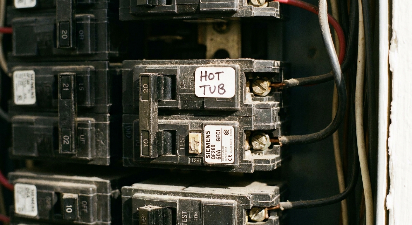 A close-up photo of a GFCI breaker labeled for a hot tub inside a home electrical panel