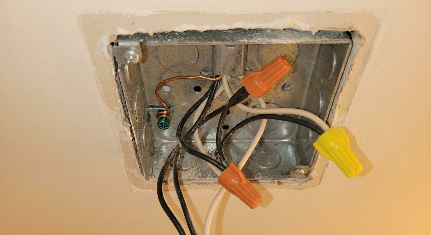 A close-up photo of a bathroom exhaust fan wiring compartment opened in the ceiling, showing black and white wires capped with wire nuts and a bare copper ground wire secured to a green screw, realistic indoor lighting
