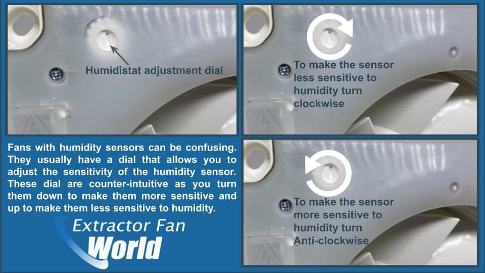 A close-up photo of a bathroom fan humidity sensor control module with a small adjustment dial inside the fan housing, indoor home photo