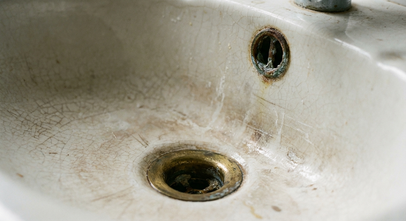 A close-up photo of a bathroom sink basin focusing on the metal drain opening and the overflow slot, with soft indoor lighting and realistic detail
