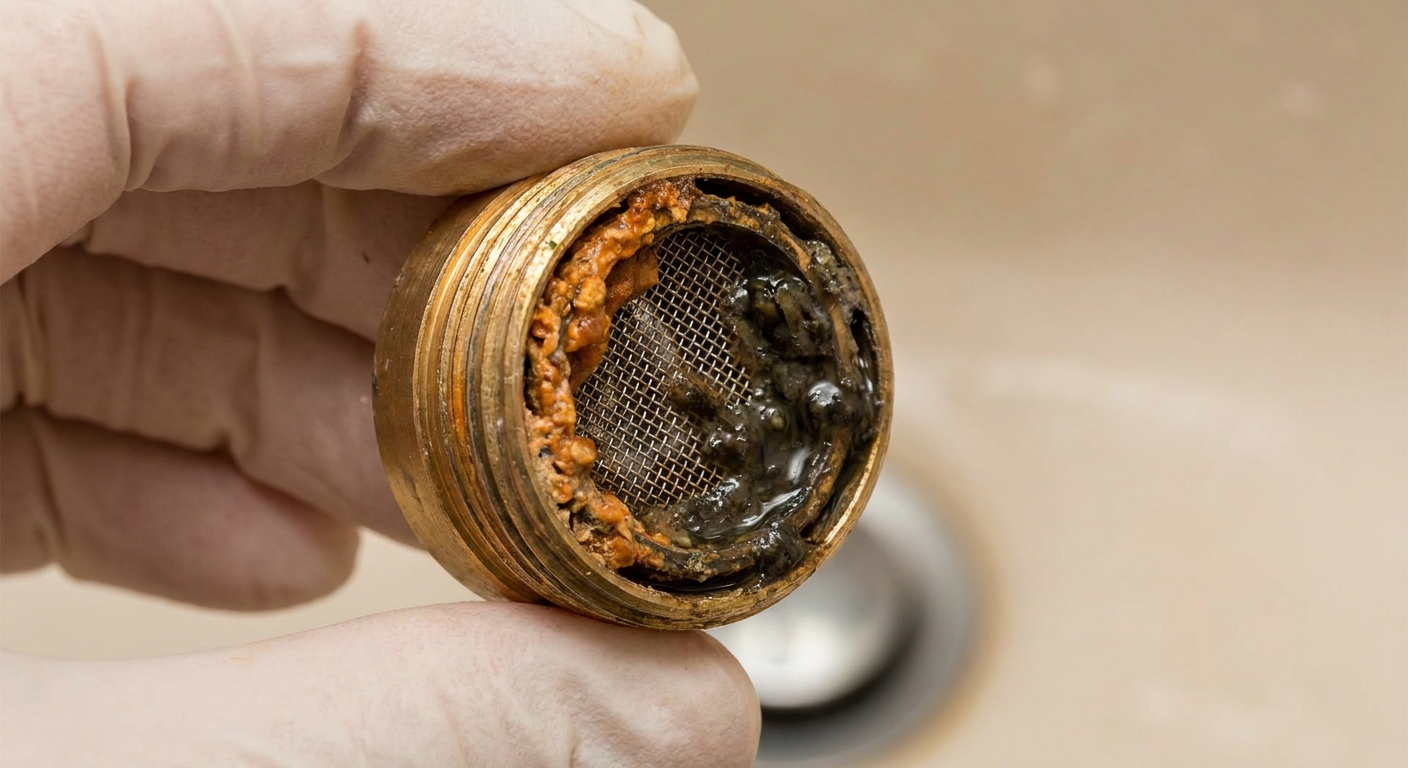 A close-up photo of a bathroom sink faucet aerator removed and partially clogged with orange-brown deposits and slime