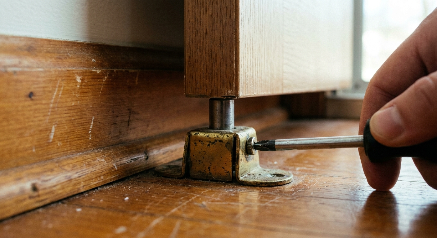 A close-up photo of a bifold closet door bottom pivot pin seated in a metal floor bracket near a baseboard, with a screwdriver adjusting the bracket screw