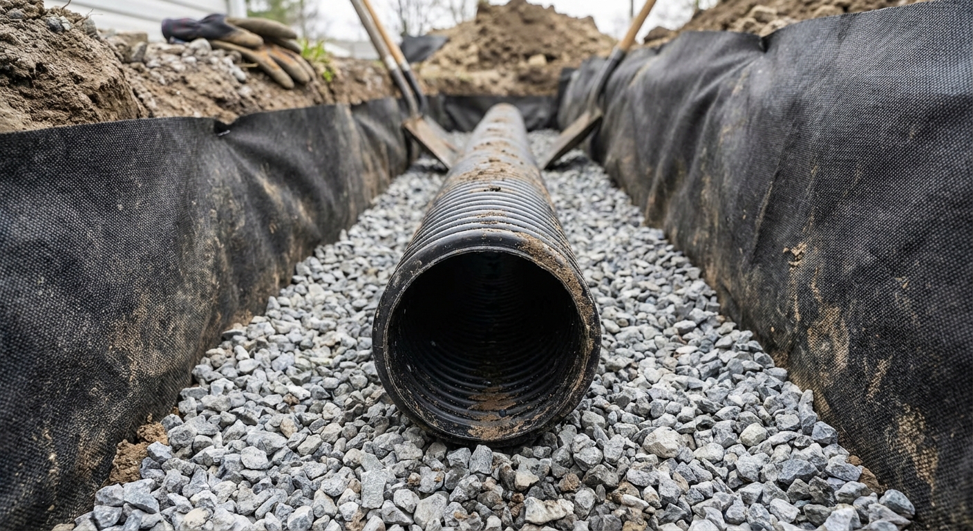 A close-up photo of a black perforated drain pipe resting in a trench on top of washed gravel with landscape fabric visible along the sides, realistic construction detail
