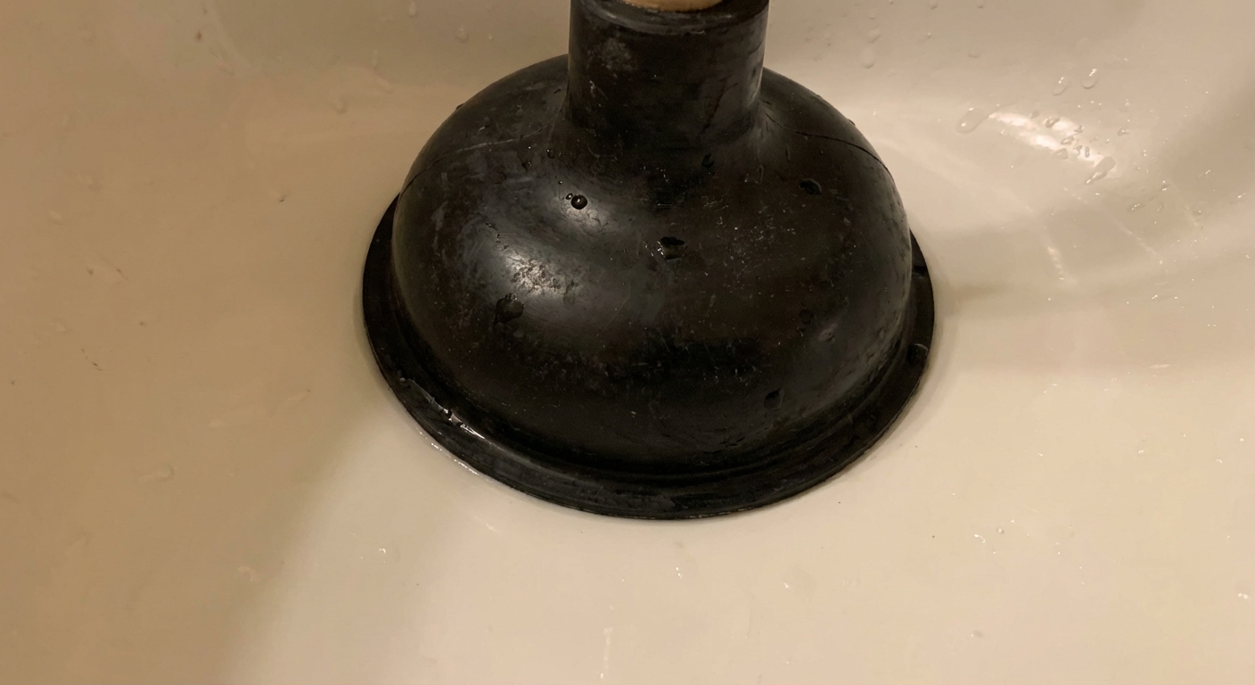 A close-up photo of a black rubber flange plunger seated tightly over a toilet drain opening inside a white porcelain bowl, bathroom lighting, photorealistic