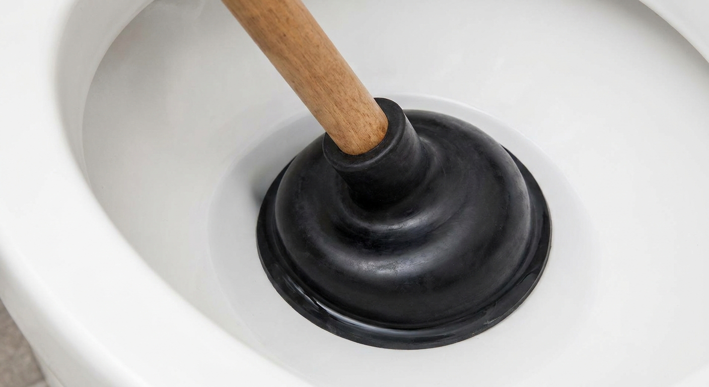 A close-up photo of a black rubber flange toilet plunger creating a tight seal in a white toilet bowl