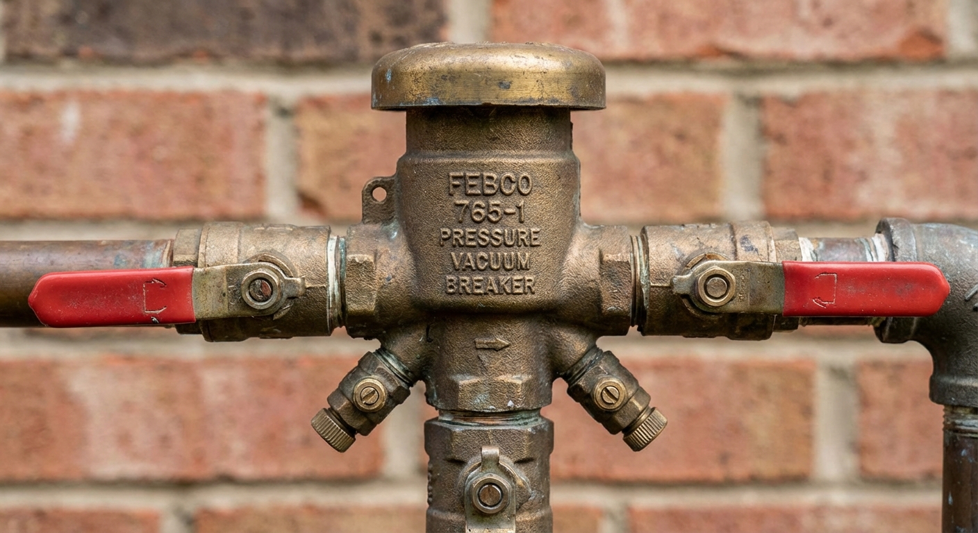 A close-up photo of a brass pressure vacuum breaker backflow preventer showing the shutoff handles and test cocks on the side