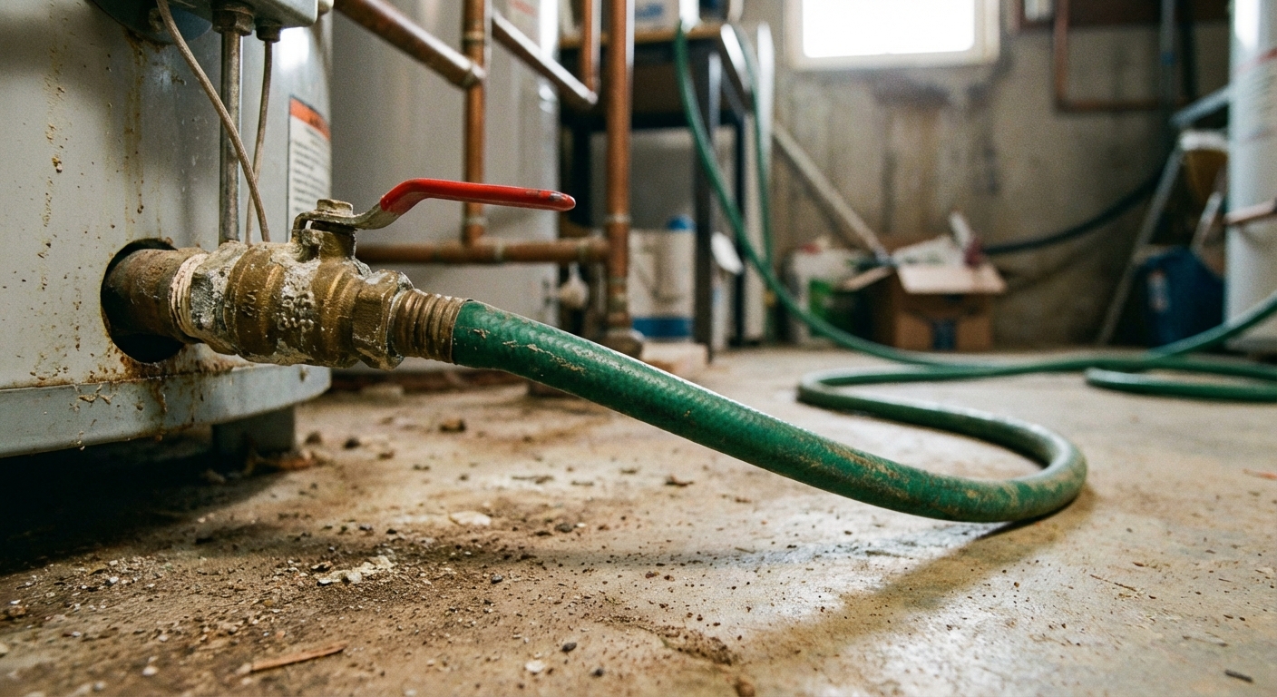 A close-up photo of a brass water heater drain valve with a garden hose threaded onto it, the hose leading away across a concrete floor in a basement utility area, photorealistic detail shot