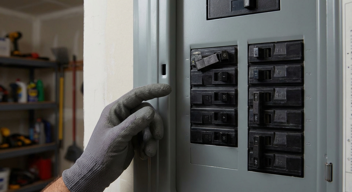 A close-up photo of a breaker panel where one breaker handle is slightly out of line with the others
