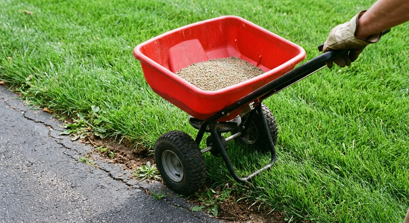 A close-up photo of a broadcast spreader hopper and wheels on a driveway edge next to green grass, ready for lawn fertilizer application, photorealistic