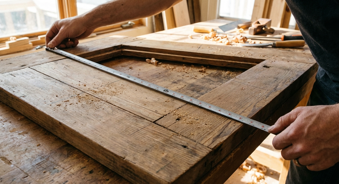A close-up photo of a carpenter checking a wooden frame for square using a tape measure across the diagonal
