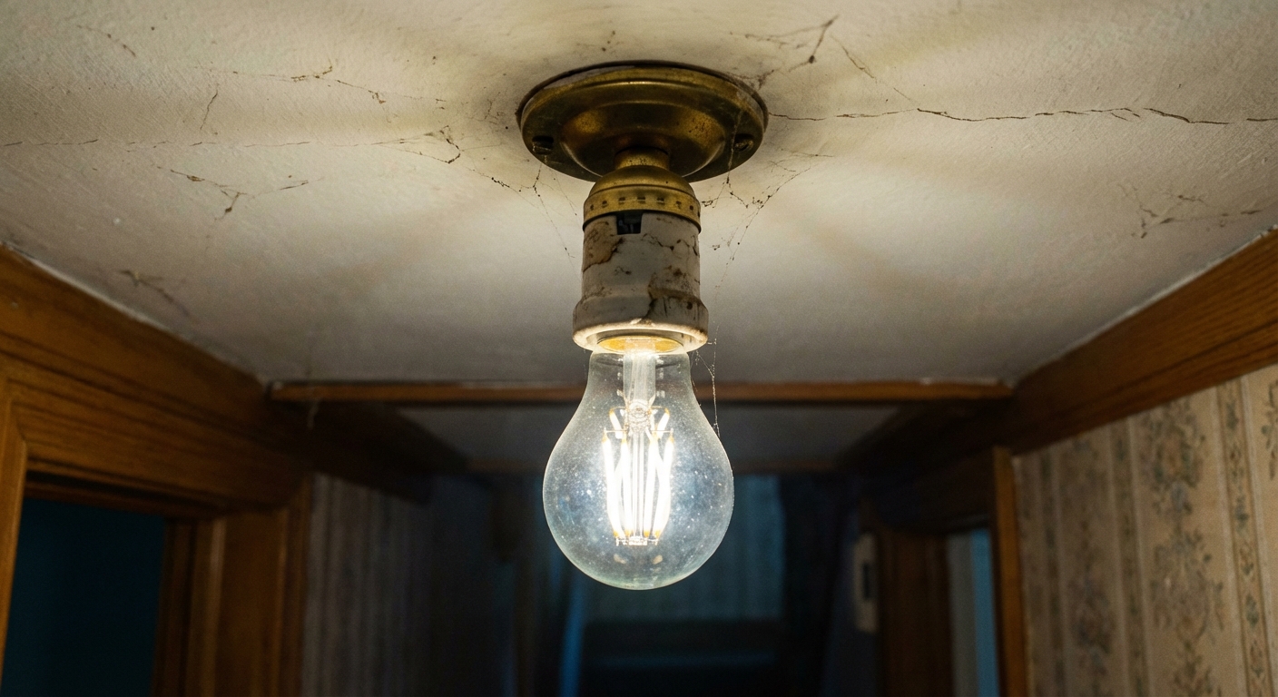 A close-up photo of a ceiling light fixture with an LED bulb installed, captured from below in a real home hallway, showing the bulb and socket clearly