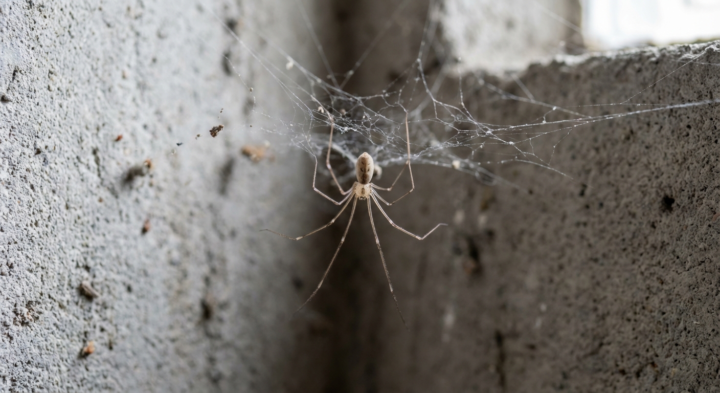 A close-up photo of a cellar spider with long thin legs hanging in a loose web in a basement corner with concrete wall texture, photorealistic
