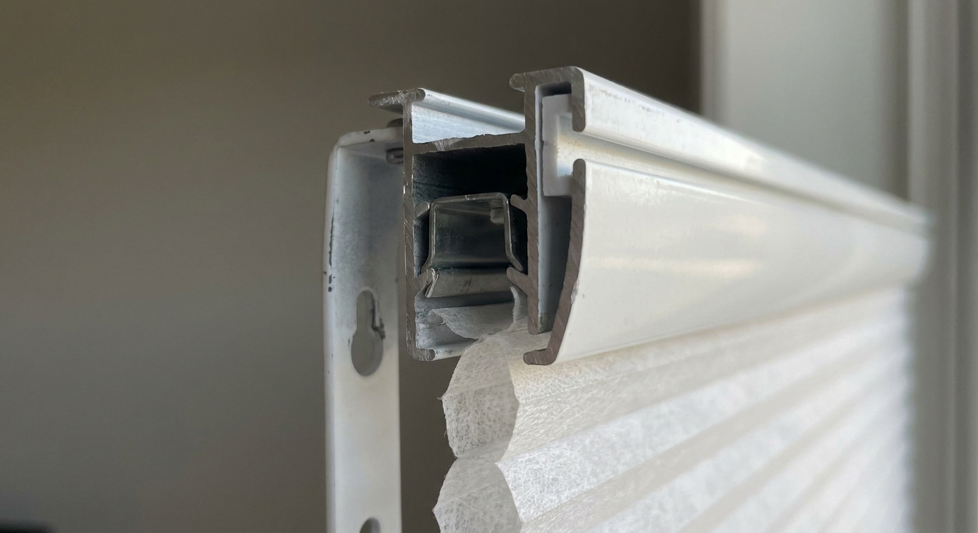 A close-up photo of a cellular shade headrail showing the groove where the mounting bracket clips in
