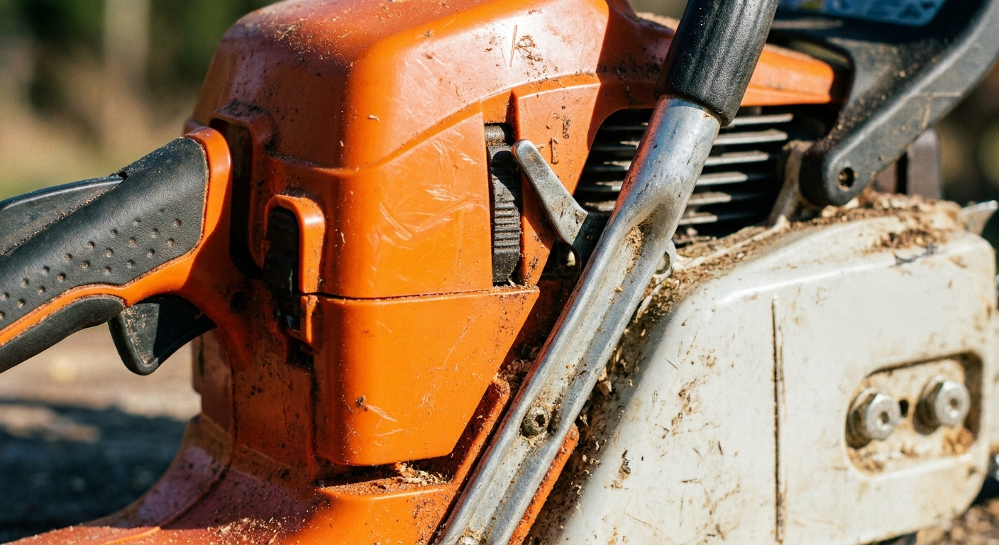 A close-up photo of a chainsaw chain brake hand guard and lever on top of the saw, showing the lever position clearly in natural daylight