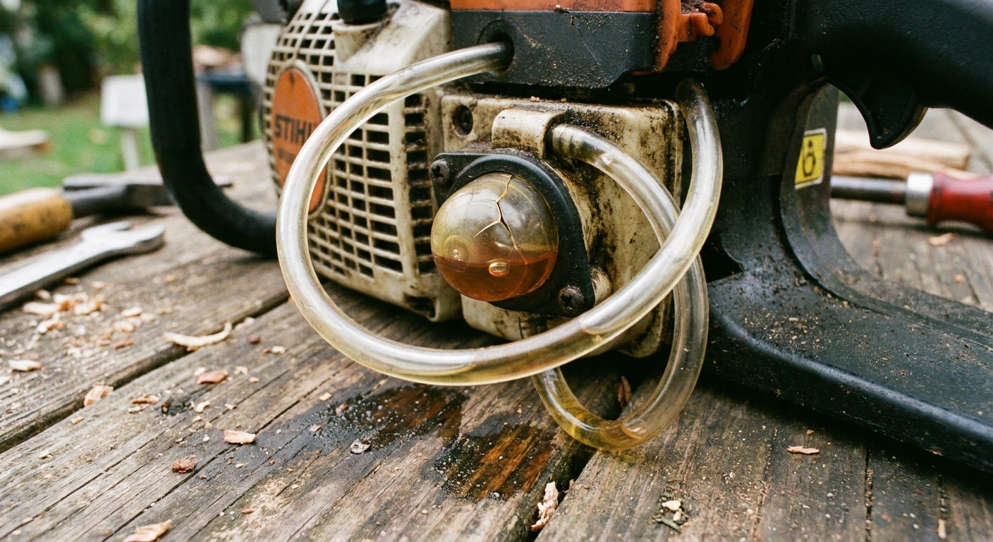 A close-up photo of a chainsaw primer bulb and translucent fuel line with fuel visible inside, taken outdoors on a workbench