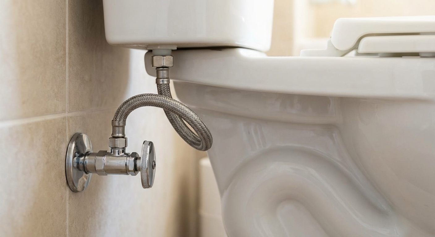 A close-up photo of a chrome angle stop shutoff valve behind a toilet with a braided supply line connected, taken in a small bathroom with neutral lighting