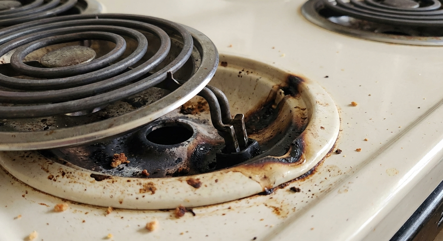 A close-up photo of a coil burner receptacle on an electric range with heat discoloration and slight melting on the plastic housing