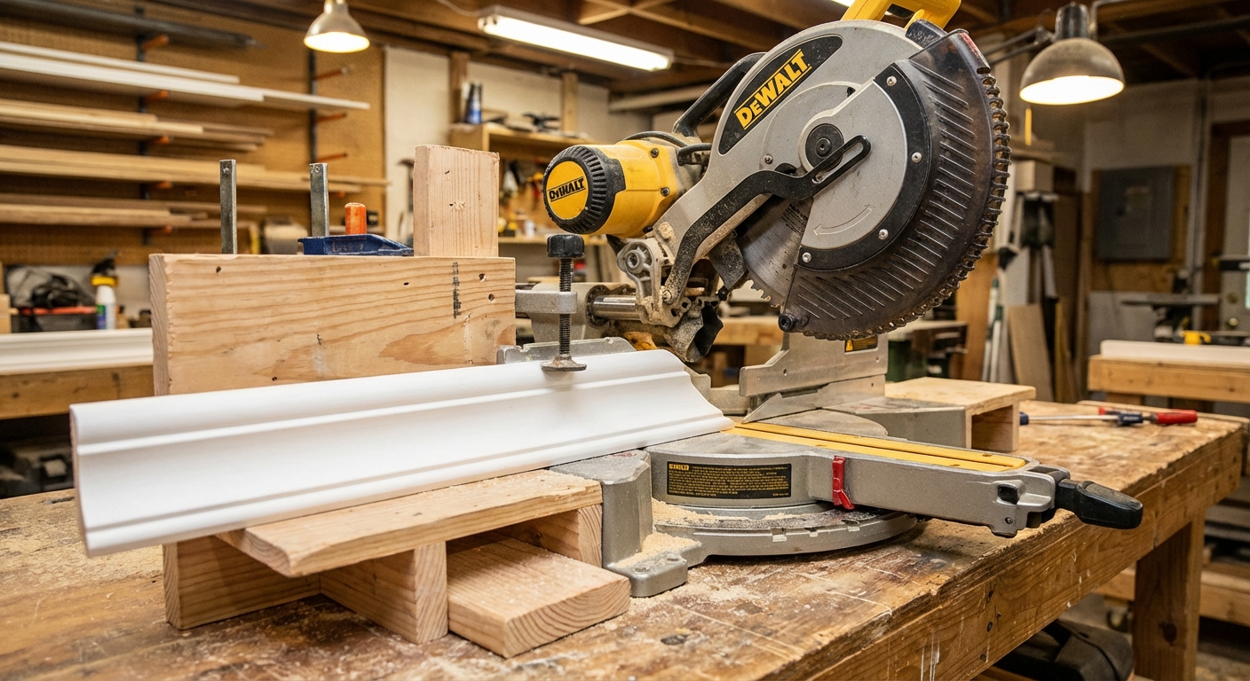 A close-up photo of a compound miter saw on a workbench with a piece of crown molding positioned against a simple scrap wood jig, saw blade raised, workshop lighting, photorealistic