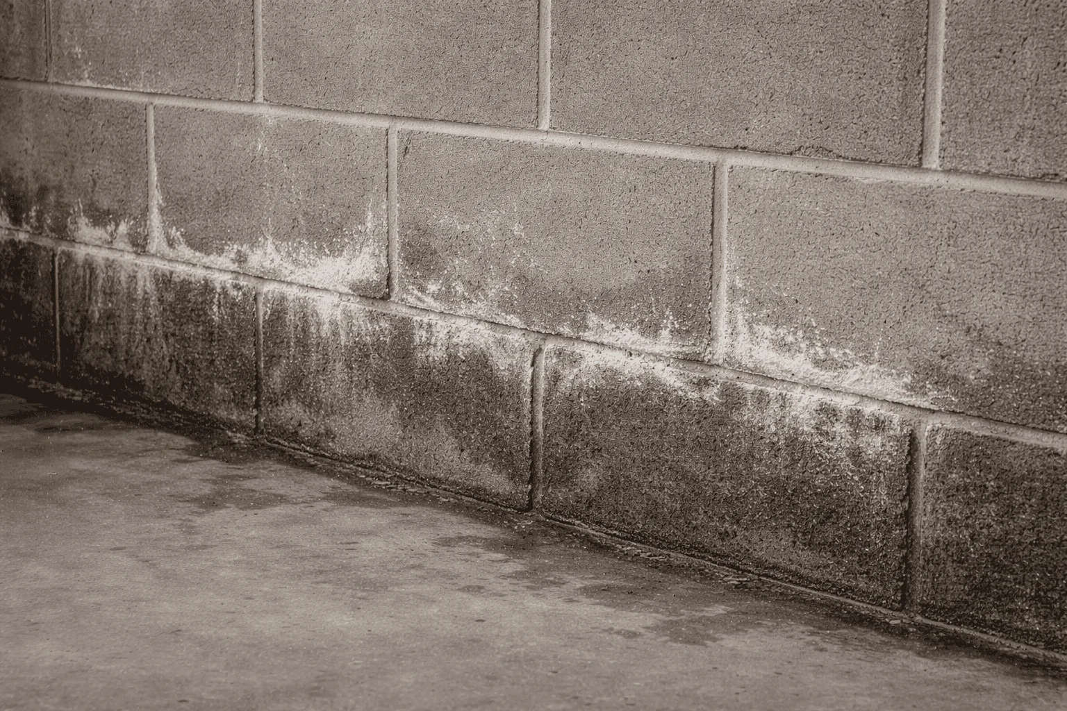 A close-up photo of a concrete block basement wall with white powdery deposits along mortar joints, realistic indoor lighting