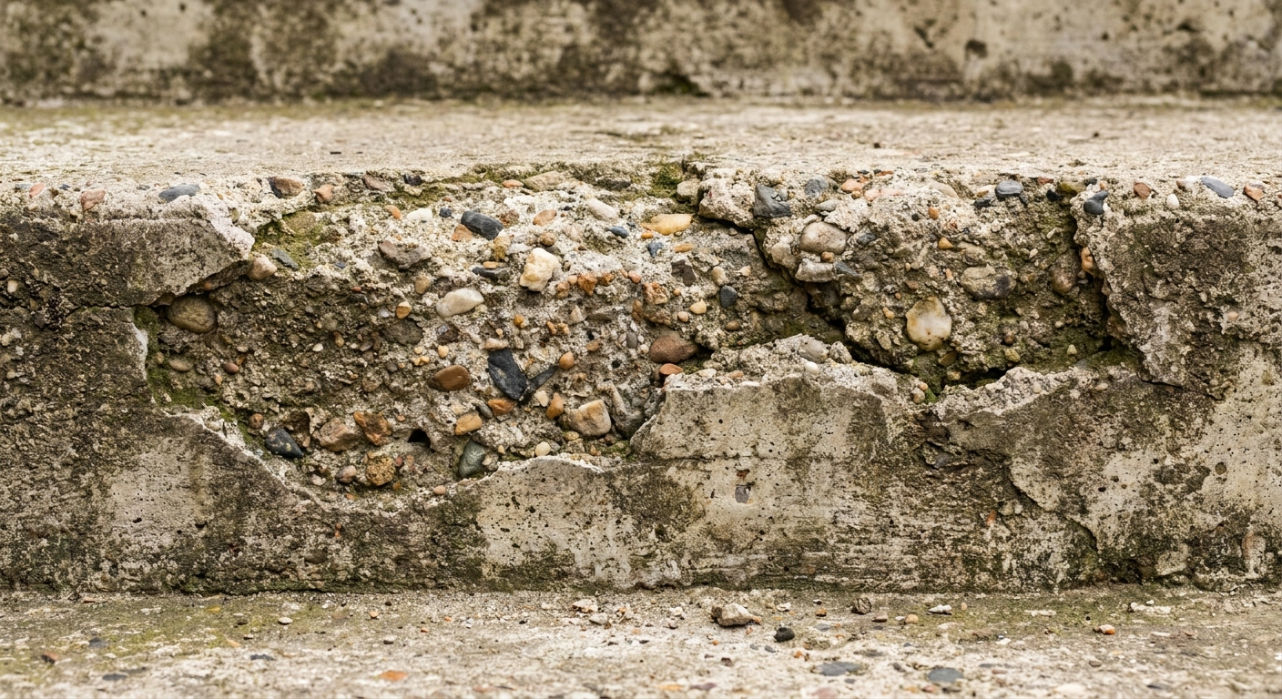 A close-up photo of a concrete stair tread edge with missing chunks and rough aggregate exposed, shot outdoors in even daylight